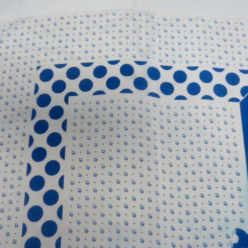 ❤️CHRISTIAN DIOR Blue White Polka Dot Logo Silk Scarf Shawl Wrap Plump Hem